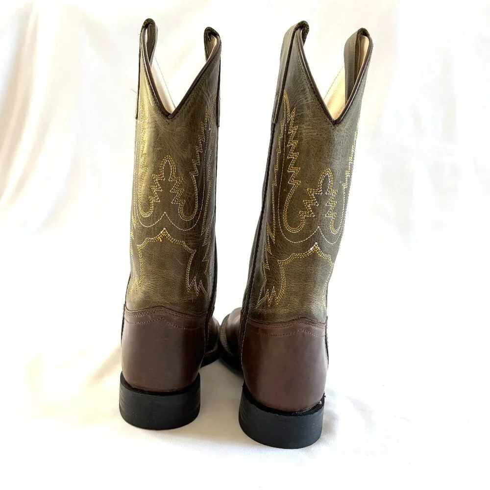 Old West boots Women 6 Boys 4.5 brown olive green leather